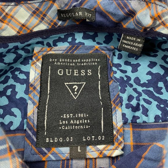 Guess Los Angeles Plaid Shirt Men Large L Blue Orange Casual Button Up Preppy - Picture 4 of 8